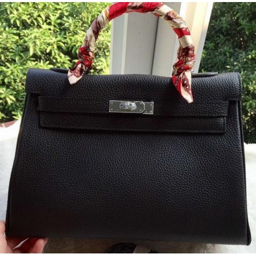 Hermes Kelly 32cm Sac à bandoulière en cuir de veau noir K32CL Argent