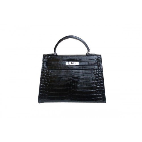 Hermes Kelly 32cm Sac à bandoulière en cuir verni noir Croco K32 Silver