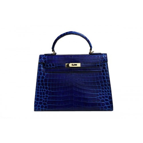 Hermes Kelly 32cm Sac à bandoulière Bleu Croco en cuir verni K32 Argent