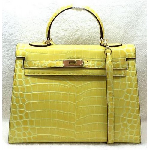 Hermes Kelly 32cm Sac à bandoulière Croco Cuir K32 Jaune