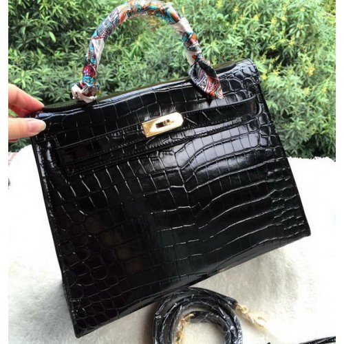 Hermes Kelly 32cm Sac à bandoulière Croco Cuir K32CO Noir