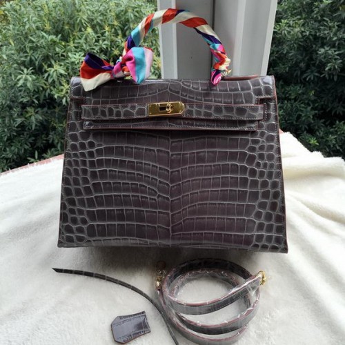 Hermes Kelly 32cm Sac à bandoulière Croco Cuir K32CO Gris