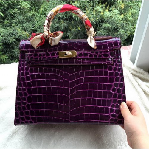 Hermes Kelly 32cm Sac à bandoulière Croco Cuir K32CO Violet
