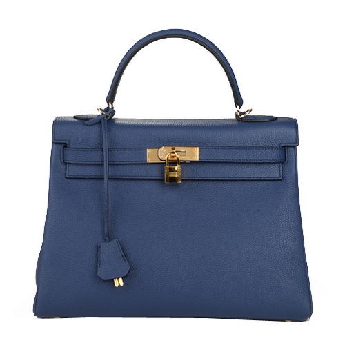 Hermes Kelly 32cm Sac à bandoulière en cuir d'origine bleu foncé K32 Gold