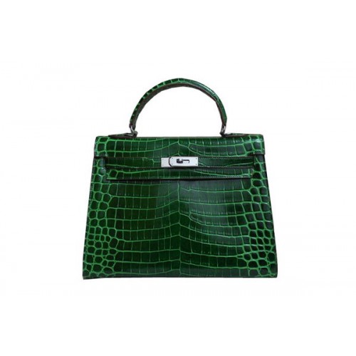Hermes Kelly 32cm sac à bandoulière vert croco cuir verni K32 argent