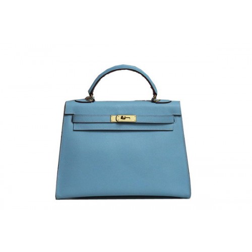 Hermes Kelly 32cm Sac à bandoulière en cuir Saffiano bleu clair K32 Gold