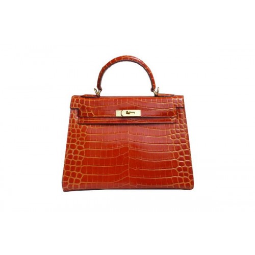 Hermes Kelly 32cm Sac à bandoulière Orange Croco en cuir verni K32 Gold