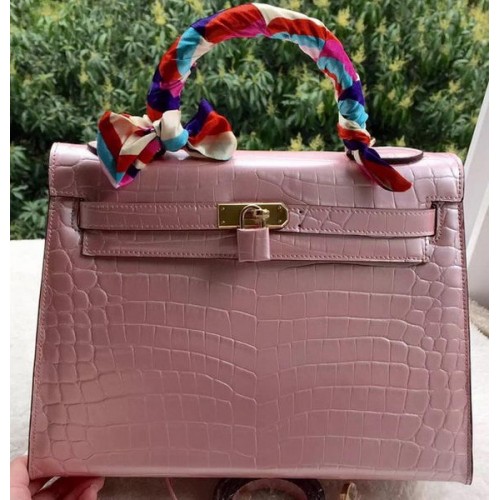 Hermes Kelly 32cm Sac à bandoulière Rose Croco Cuir K32CL Or