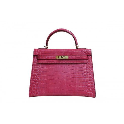 Hermes Kelly 32cm Sac à bandoulière Rose Croco en cuir verni K32 Gold