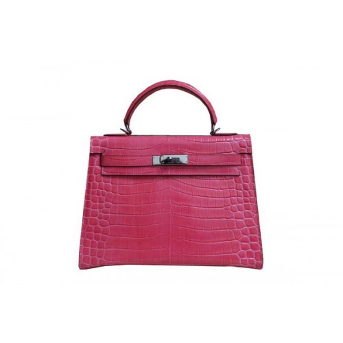 Hermes Kelly 32cm Sac à Bandoulière Rose Croco Cuir Verni K32 Argent