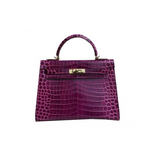Hermes Kelly 32cm Sac à bandoulière Violet Croco en cuir verni K32 Gold
