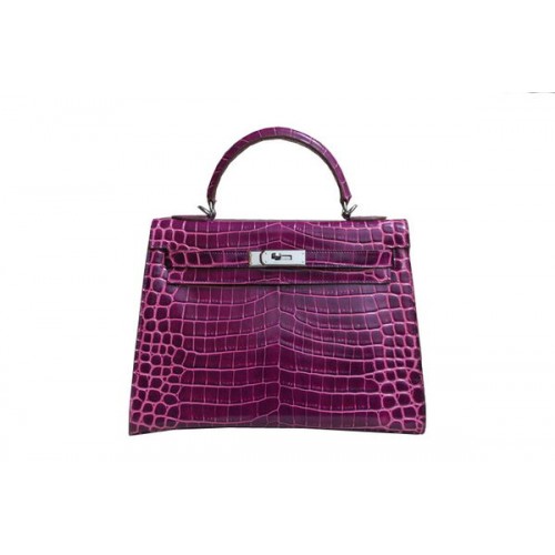 Hermes Kelly 32cm Sac à bandoulière Violet Croco en cuir verni K32 Argent