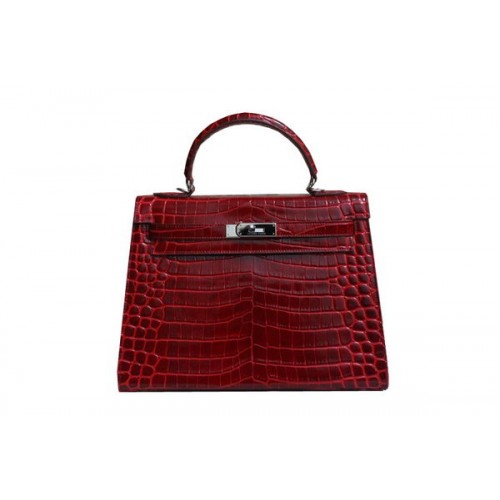 Hermes Kelly 32cm Sac à Bandoulière Rouge Croco Cuir Verni K32 Argent