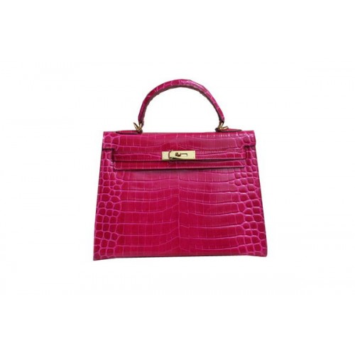 Hermes Kelly 32cm Sac à bandoulière Rose Croco en cuir verni K32 Gold