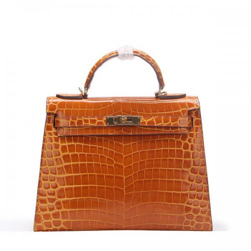 Hermes Kelly 32cm Sac à bandoulière Blé Croco Cuir verni K32 Or
