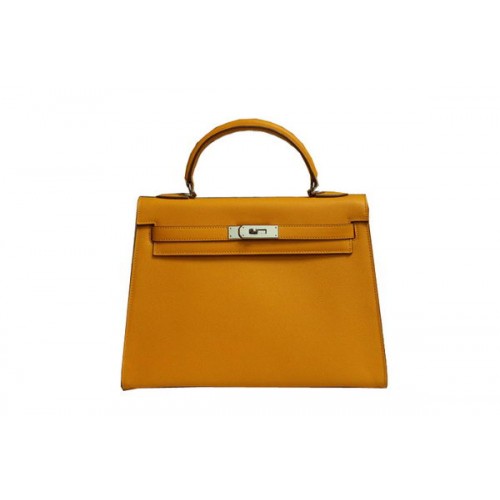 Hermes Kelly 32cm Sac à bandoulière en cuir Saffiano jaune K32 Silver