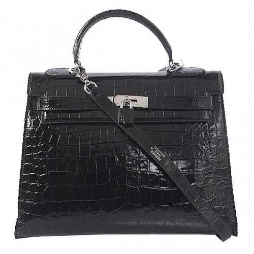 Hermes Kelly 32cm Sacs à bandoulière en cuir de croco noir irisé argent