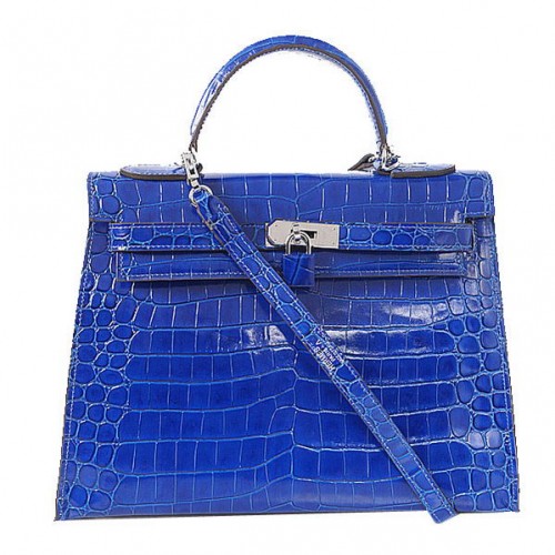 Hermes Kelly 32cm Sacs à Bandoulière Bleu Cuir Croco Irisé Or