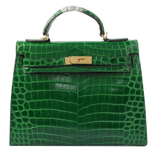 Hermes Kelly 32cm Sacs à bandoulière Vert Iridescent Croco Leather Gold