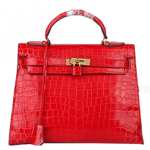 Hermes Kelly 32cm Sacs à bandoulière Rouge Iridescent Croco Leather Gold