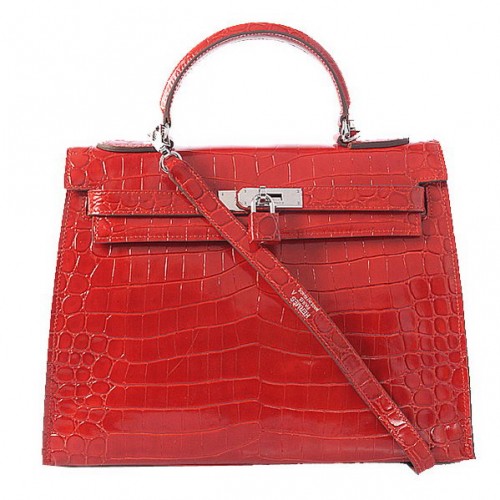 Hermes Kelly 32cm Sacs à Bandoulière Rouge Iridescent Croco Cuir Argent