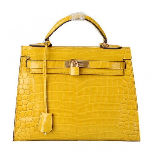 Hermes Kelly 32cm Sacs à bandoulière Jaune Iridescent Croco Leather Gold