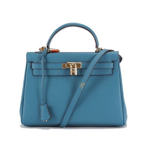 Hermes Kelly 32cm Sacs à main en cuir Togo 6018 Bleu Doré
