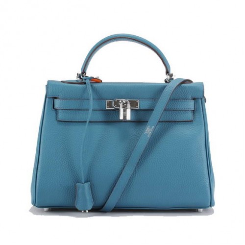 Hermes Kelly 32cm Sacs à main en cuir Togo 6018 Bleu Argent