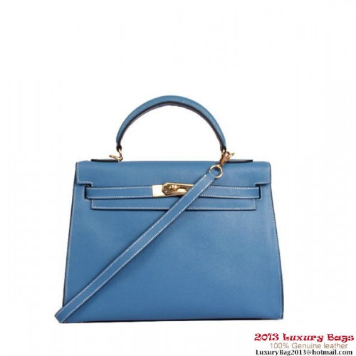Hermes Kelly 32cm Top Handle Bag Bleu Togo Cuir Or