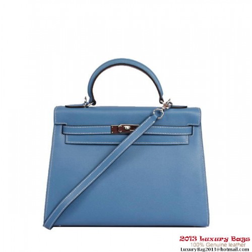 Hermes Kelly 32cm Top Handle Bag Bleu Togo Cuir Argent