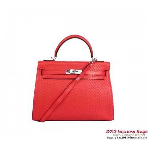 Hermes Kelly 32cm Sac à poignée supérieure en cuir tressé rouge clair argenté