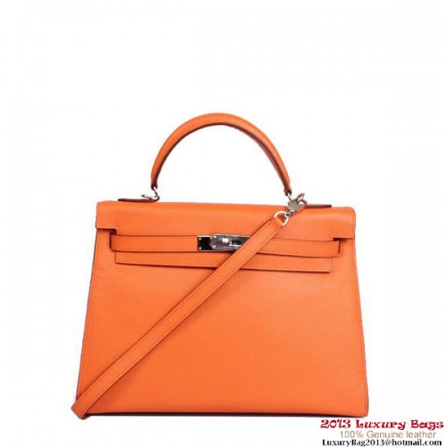Hermes Kelly 32cm Top Handle Bag Orange Cuir Togo Argent