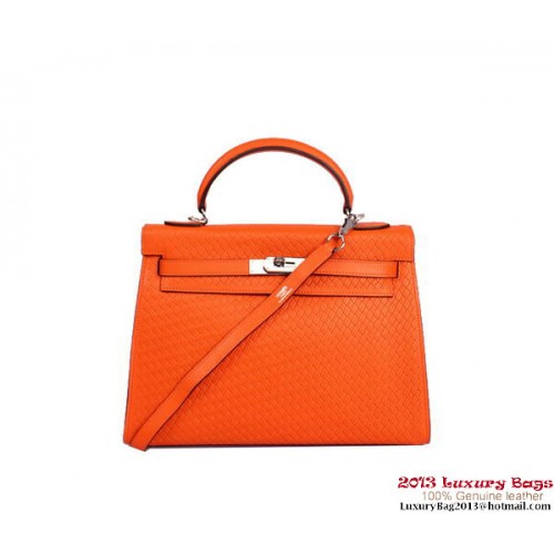 Hermes Kelly 32cm Top Handle Bag Orange cuir tressé argent