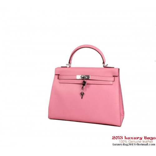 Hermes Kelly 32cm Sac à poignée supérieure en cuir togo rose argent