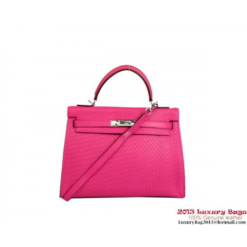 Hermes Kelly 32cm Sac à poignée supérieure Rose en cuir tressé Argent