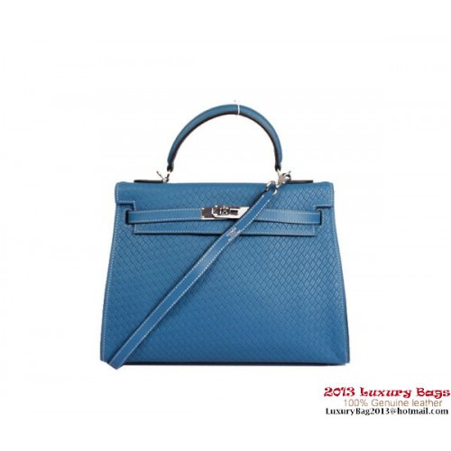 Hermes Kelly 32cm Top Handle Bag Royalblue cuir tressé argent
