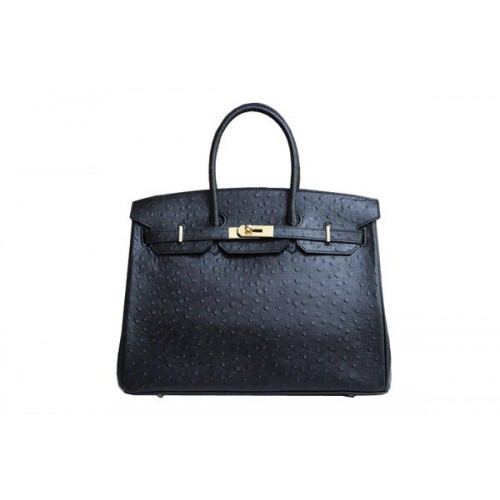 Hermes Kelly 35cm sac à poignée supérieure en cuir d'autruche noir or