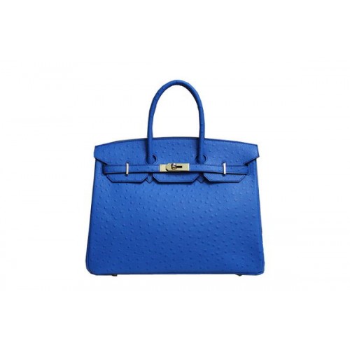Hermes Kelly 35cm sac à poignée supérieure en cuir d'autruche bleu or