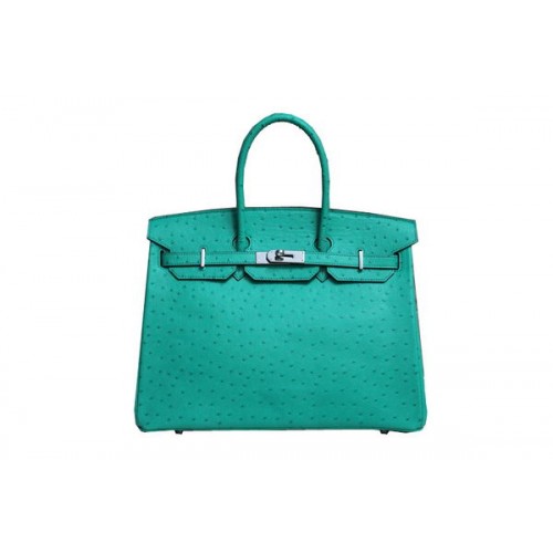 Hermes Kelly 35cm sac à poignée supérieure en cuir d'autruche vert argent