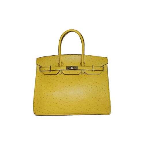 Hermes Kelly 35cm sac à main en cuir d'autruche citron or