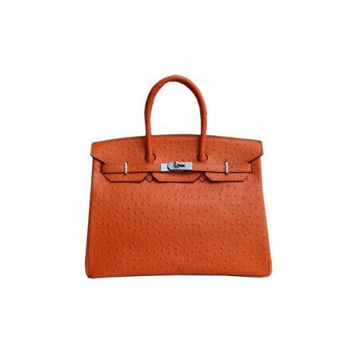 Hermes Kelly 35cm sac à poignée supérieure en cuir d'autruche orange argent