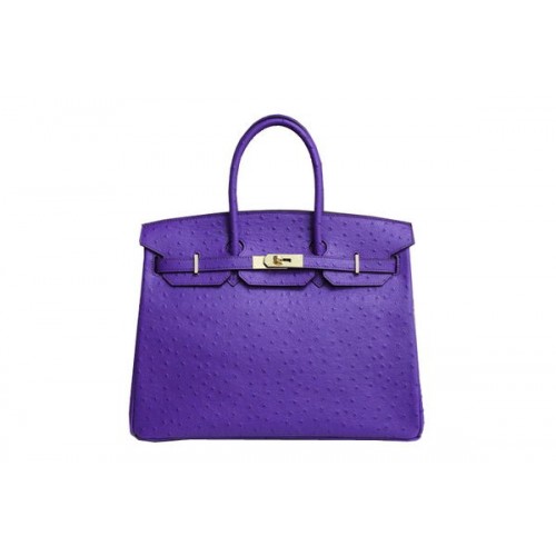 Hermes Kelly 35cm sac à main en cuir d'autruche violet or