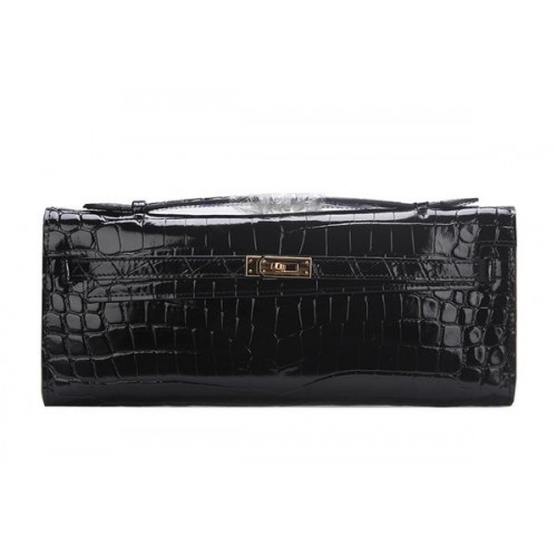 Hermes Kelly Pochette Croco Cuir K1002 Noir