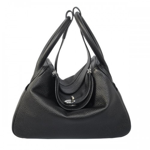 Hermes Lindy 30CM Noir Sac à bandoulière Havana en cuir granuleux