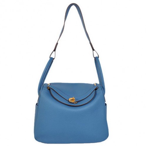 Hermes Lindy 30CM Havanane Sacs à main 1057 Cuir Bleu Matériel Doré