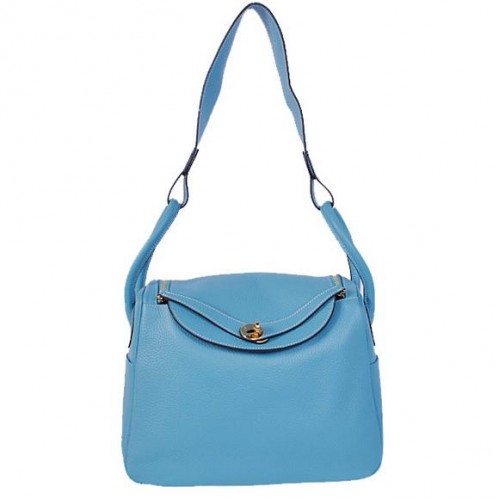 Hermes Lindy 30CM Havanane Sacs à main 1057 Cuir bleu clair Matériel doré