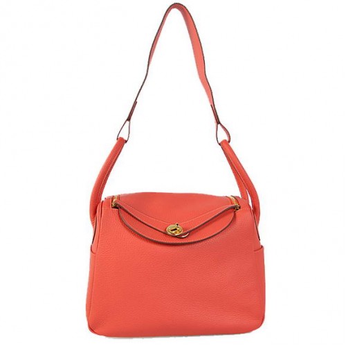 Hermes Lindy 30CM Havanane Sacs à main 1057 Cuir rouge clair Matériel doré
