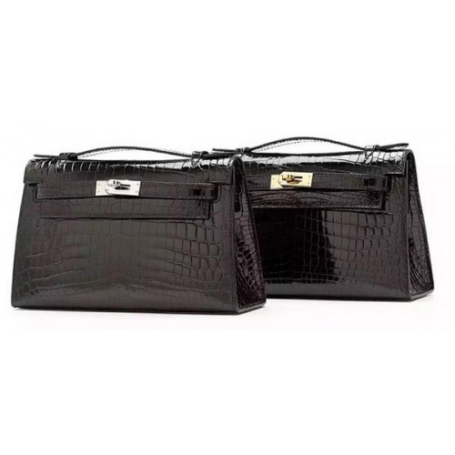 Hermes MINI Kelly 22cm Pochette Cuir Croco KL22 Noir