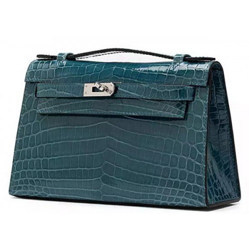 Hermes MINI Kelly 22cm Pochette Croco Cuir KL22 Vert