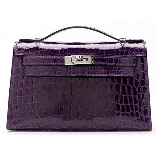 Hermes MINI Kelly 22cm Pochette Croco Cuir KL22 Violet